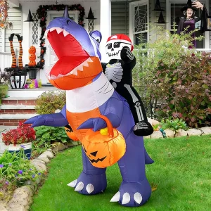8FT Halloween Inflatable Skeleton Rider Dinosaur with Pumpkin Basket LED Outdoor Yard Decoration