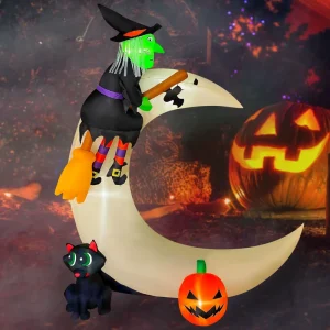 8FT Halloween Inflatable Witch on Moon with Pumpkin Cat and LED Lights Outdoor Haunted Yard Decor Blow up Halloween Ornament