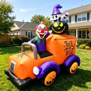 8FT Lighted Halloween Clown Car Inflatable with Ghost & Pumpkin
