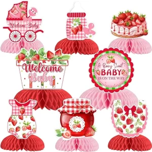 8PCS Strawberry Baby Shower Decorations Strawberry Honeycomb Centerpieces Berry Sweet Baby Is on the Way Table Decoration
