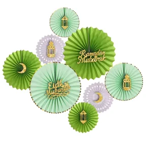 8Pcs Ramadan Mubarak Party Banner Eid Ramadan Mubarak Fan Flowers Wedding Background Set for Home Wall Ramadan Decorations