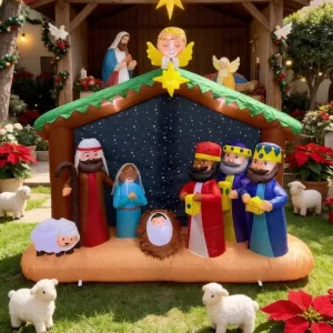 8ft Light up Inflatable Nativity Set Christmas Outdoor Yard Decoration Christmas Inflatable Nativity Scene with Holy Family