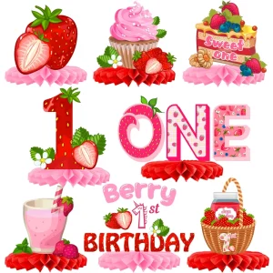 8pcs Strawberry 1st Birthday Honeycomb Centerpieces One Year Old Sweet Favor Birthday Party Decorations Paper Eco friendly