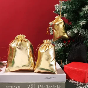 9*12cm Christmas Metallic Gold Drawstring Gift Bag Shiny Foil Fabric Pouches for Christmas Gift Reusable Gift Wrapping Bags