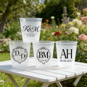9 16 oz Custom Frosted Stadium Cups Eco Friendly Reusable Party Decor Personalized Wedding Plastic Cups Monograms Bride Monogram