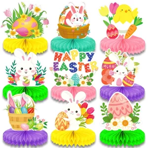 9 Pcs Easter Honeycomb Centerpieces Table Decor Cute Bunny Chick Eggs Happy Easter Spring Festive Pattern Table Topper Ornaments