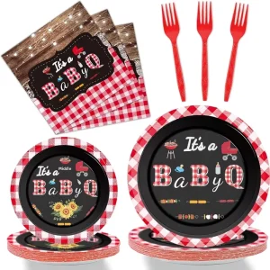 96 Piece Disposable BBQ Rustic Sunflower Baby Shower Party Tableware Set with Plates Napkins Forks