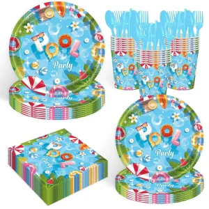96PCS Disposable Biodegradable Eco Friendly Summer Pool Party Tableware Paper Napkins Cups Plates Forks Decorations