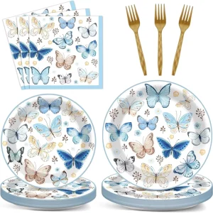 96Pcs Butterfly Party Vintage Butterfly Plates Napkins Blue Butterfly Flower Tableware Disposable Dessert Dinnerware for Party