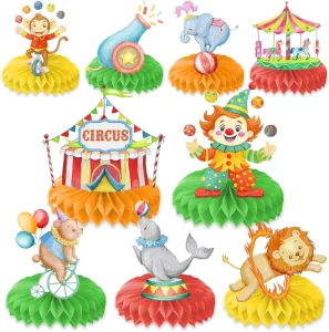 9PCS Child Carnival Honeycomb Paper Centerpieces Themed Birthday Party Decorations Circus Clown Animal Magical Table Decor