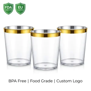 9oz Gold Rimmed Clear Plastic Cups BPA Free FDA Approved Disposable Cocktail Tumblers Custom Logo Party Wedding
