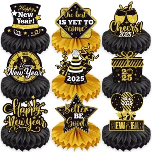 9pcs set New Years Honeycomb Centerpieces Theme Table Toppers Black and Gold New Years Eve Party Supplies Decorations S075