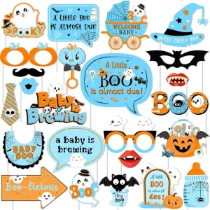 A Little Boo Is Almost Due Baby Shower Decorations 24pcs Blue Orange Baby Shower Photo Booth Props Halloween Boo Party Supplies