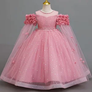 AC270 Custom Elegant Sequined Petals Tulle Princess Girl Dress With Floral Appliques For Flower Girl Wedding Celebration Party