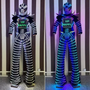 APP Programmable LED Costume Adults Stage Show Party LED Clothing Digital Screen LED Robot Stilt Walker Costume with Helmet