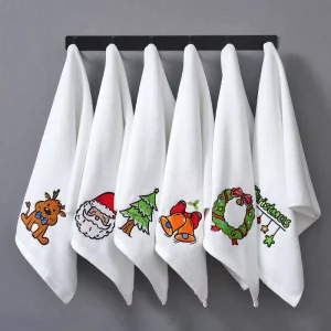 AR 01 Large Size Cotton Christmas Hand Towels with Decorative Embroidery Wreath Christmas Handkerchief