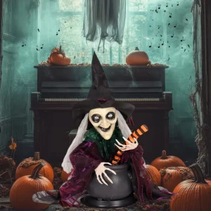 AROMA 20″Animated Witch Cauldron Halloween Decor with Sound&Flashing Eyes for Adding Spooky Charm to Tabletop Halloween Display