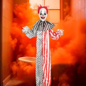 AROMA 47″Hanging Animated Clown Halloween Decoration with Sound&Moving Head for Haunted House Display Parties Backyard Porch Bar