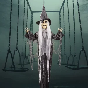 AROMA “47”Halloween Hanging Witch Decoration with Laughing Sound and Flashing Red Eyes for Halloween Parties and Haunted Houses