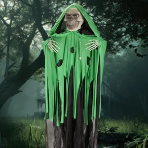 AROMA 6.4Ft Animated Hanging Reaper Halloween Animatronics Props with Glowing Eyes and Trembling Arms for Haunted House Parties