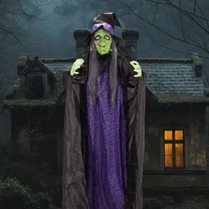 AROMA 6ft Standing Witch with Flashing Waterfall LED Light Show Enchanting Halloween Decor for Yards Parties and Displays