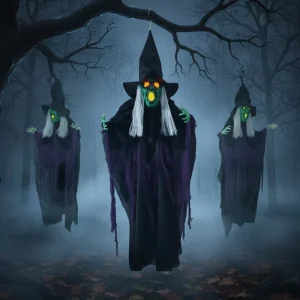 AROMA Halloween Decor Animated 4 Feet Hanging Witch LED Glowing Eyes Creepy Voice AAA Battery Included Yard Haunted Decoration