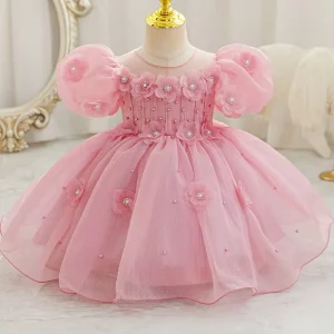 AX281 Custom Elegant Lace Floral Tulle Ruffle Baby Princess Party Dress With Sparkling Appliques For First Birthday Celebration