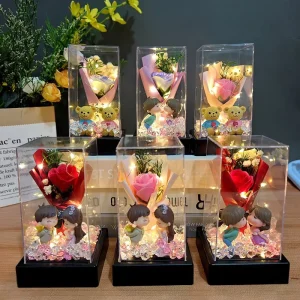 Acrylic Cover Soap Rose Mini Bouquet LED Desktop Decoration Multi Occasion Gift (Valentine’s Day Mother’s Day) 3 Colors