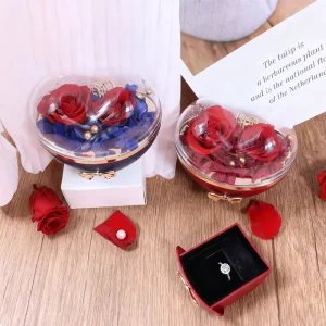 Acrylic Handmade Heart Shaped Bow Eternal Preserved Rose Ring Necklace Earrings Flower Jewelry Storage Box for Graduation