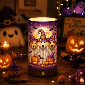 Adorable Halloween Puppy Pumpkin Theme 3D Printed Custom PLA LED Wooden Base Night Light with Remote Dual Purpose Vase Function