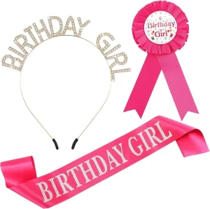 Adult Birthday Girl Headband Badges Sash Set Princess Crown Rhinestone Accessories for Birthday Valentine’s Day Party