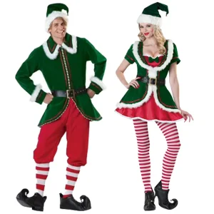 Adult Christmas Elf Costume Set Green Red Tunic Dress Hat Belt Stripe Bell Trim Xmas Holiday Cosplay Party Outfit