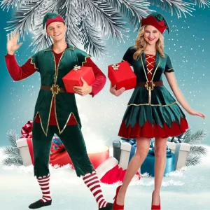Adult Christmas Elf Costume Set Green Red Tunic Dress Hat Belt Stripe Gold Trim Xmas Holiday Cosplay Party Outfit