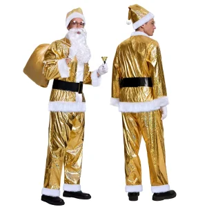 Adult Gold Christmas Party Costume with Hat Belt Gift Bag Santa Claus Costume for Man Performance