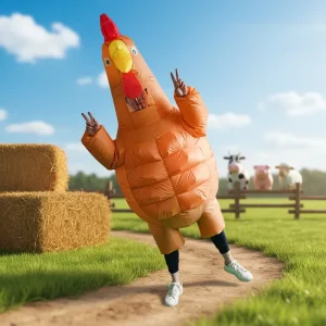 Adult Inflatable Chicken Riding Rooster Mascot Costume Funny Cosplay Suit for Unisex on Halloween