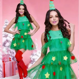 Adult Red+Green Christmas Tree TV Movie Costume Skirt Fancy Dress for Holiday Carnival Party Seasonal Events Polyester Material