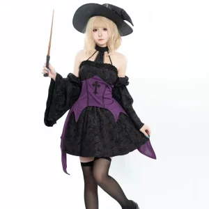 Adult Women Halloween Witch Costume Gothic Punk Magic Witch Dress Black Purple Lace Mini Dress Hat Cosplay Performance Wear
