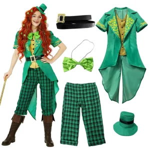 Adult Women Irish Character Costume Green Elf Outfit Leprechaun Hat Plaid Pants Custom Design Festival Performance Costume