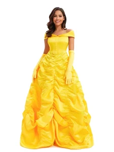 Adult Women Yellow Princess Costume Ball Gown Off Shoulder Ruched Maxi Dress Cosplay Stage Performance Outfit Set
