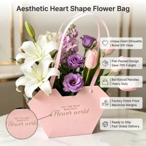 Aesthetic Modern Flower Packaging Box With Long Strap Heart Shape Bouquet Flower Bag for Birthday Christmas Event Supplies