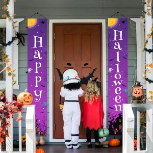 All Saints’ Day Child Purple Couplet Porch Hanging Banner Door Fabric Flag Spooky Party Outdoor Decoration for Holiday Home Wall