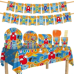 Alphabet Monsters Design Children’s Birthday Party Hanging Flag Decoration Disposable Plates Cups Tableware Set