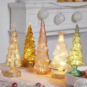 Ambient Night Light Glass Christmas Tree Decorative Lighting with Warm White LEDs on Desktop