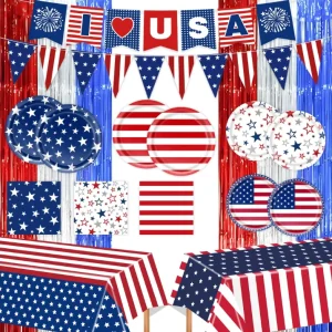 American Flag Patriotic Party Supplies Disposable Compostable Microwave Safe Biodegradable Dinner Dessert Paper Plates Napkins