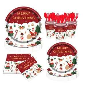 American Style 200 Piece Christmas Themed Disposable Paper Plates Cups Napkins Tableware