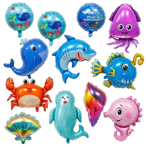Animal Aluminum Foil Balloons Birthday Party Decoration Shark Ocean Fish Large Round Blue Balloon Shark Crab Sea Horse Whale