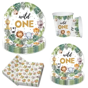 Animal Themed Party Supplies Happy Birthday Disposable Party Tableware Set 1st Party Paper Plate Cup Napkin Set