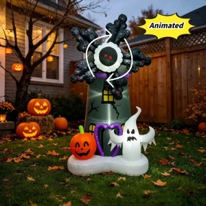 Animated Halloween Spinning Windmill White Ghost Pumpkin Blow Up Decorations Built-in LED Lights