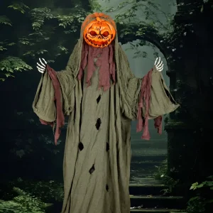 Animated Standing Pumpkin Man Prop Decor with Flickering Face for Haunted Houses Halloween Party Spooky Eye Catcher