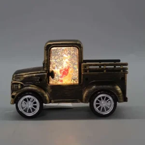Antique Black/Green/White Washed Truck Christmas Snow Globe Lantern Swirling Glitter LED Light Snow Ball